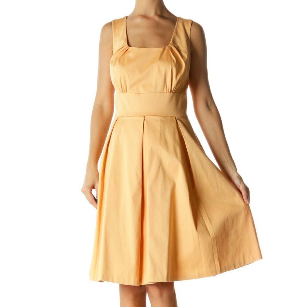 Calvin Klein Light Orange Round Neck Scrunched Cinched Waist Dress